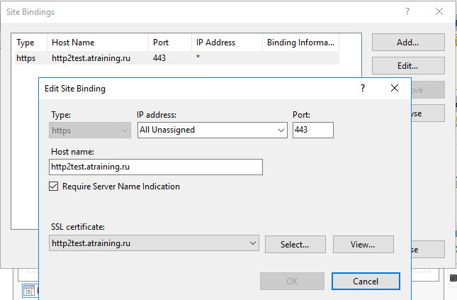 Тестовый сервер, конфигурация binding
